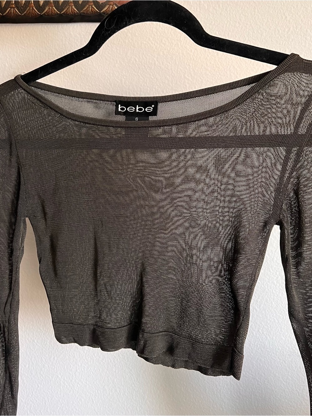 vintage bebe Sheer 3/4 sleep mesh Crop Top in charcoal going out cyber punk sm